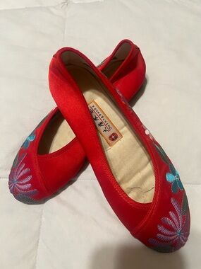 Red Embroidered Satin Slip-On Flats from China